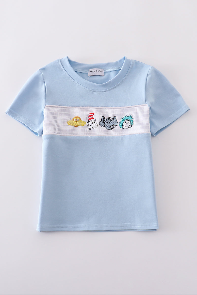 Blue Dr. Seuss embroidery smocked top