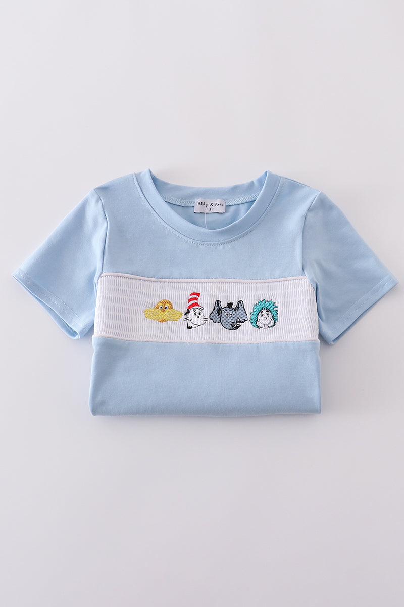 Blue Dr. Seuss embroidery smocked top