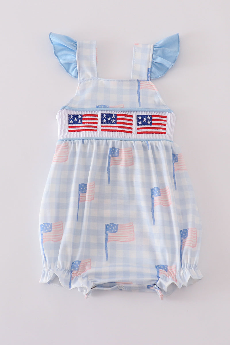 Blue flag embroidery smocked gingham bubble