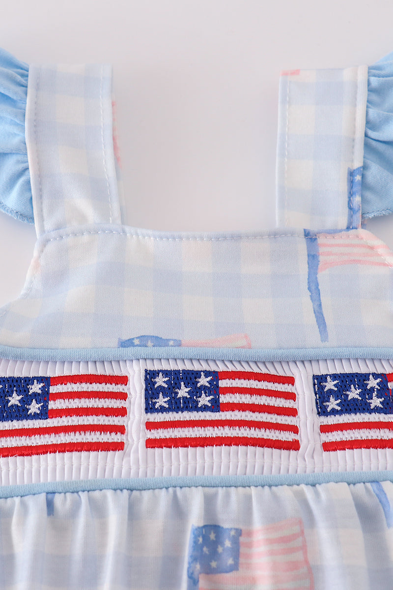 Blue flag embroidery smocked gingham bubble