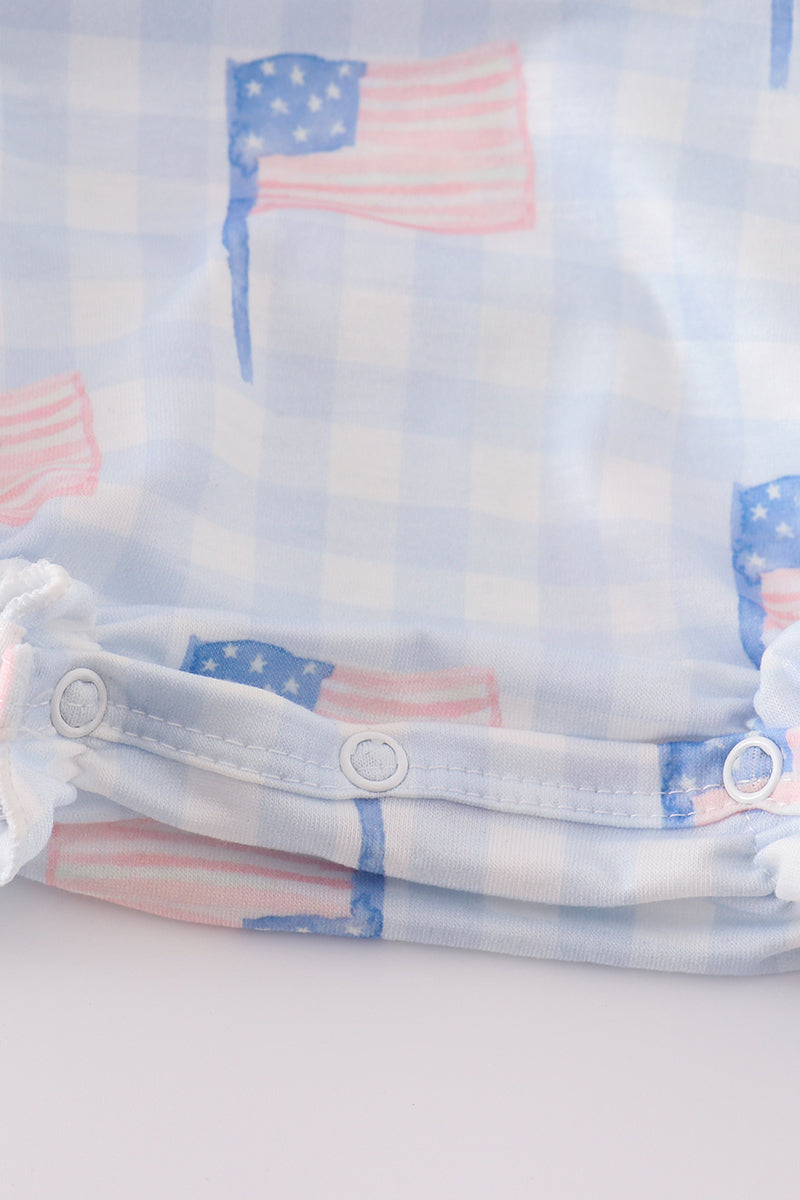 Blue flag embroidery smocked gingham bubble