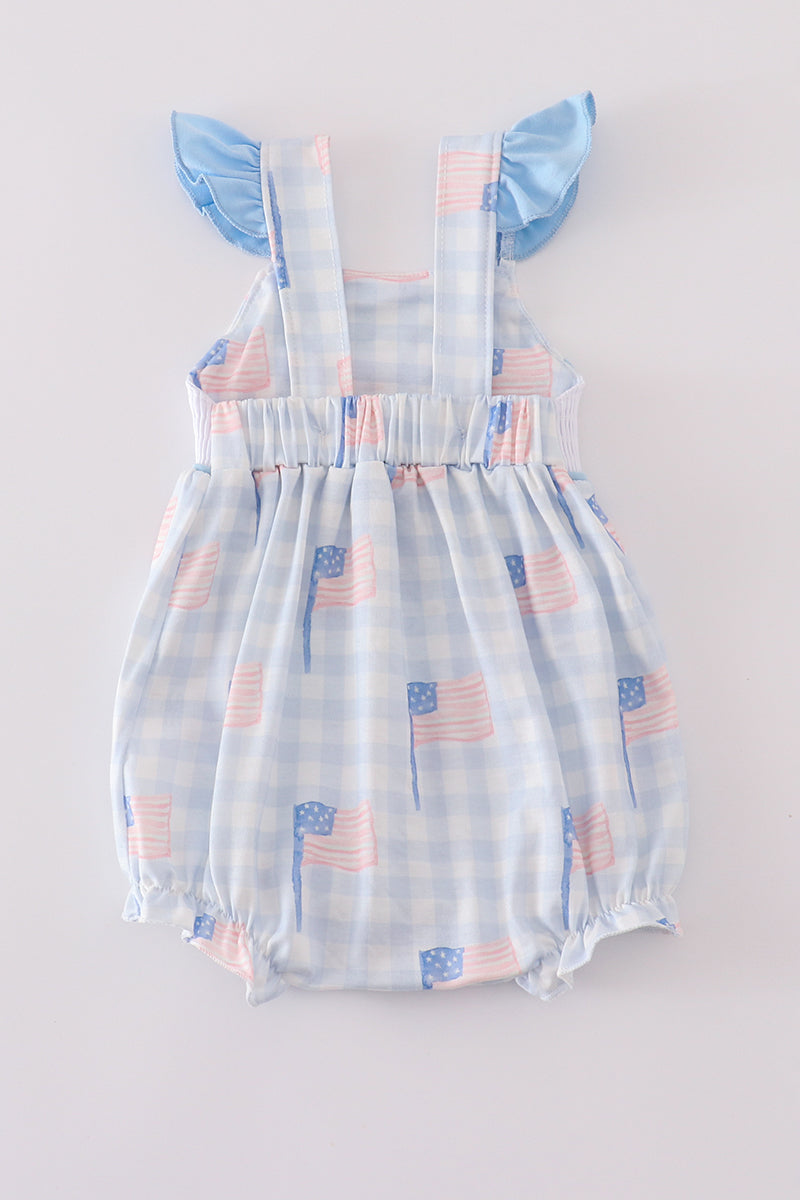 Blue flag embroidery smocked gingham bubble