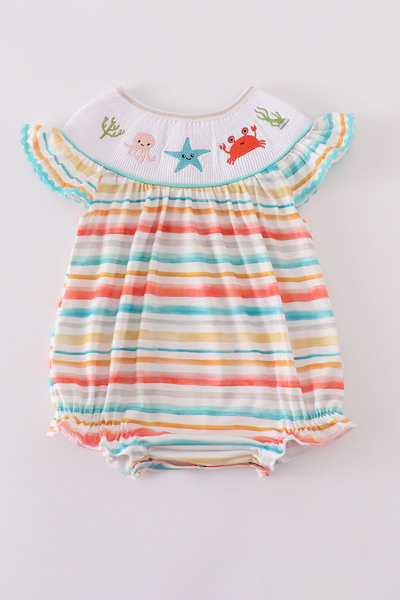 Rainbow stripe marine creature embroidery smocked bubble