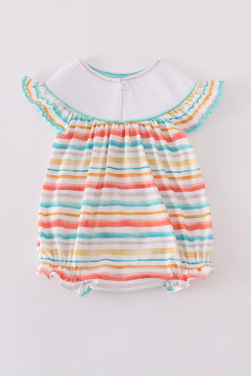 Rainbow stripe marine creature embroidery smocked bubble