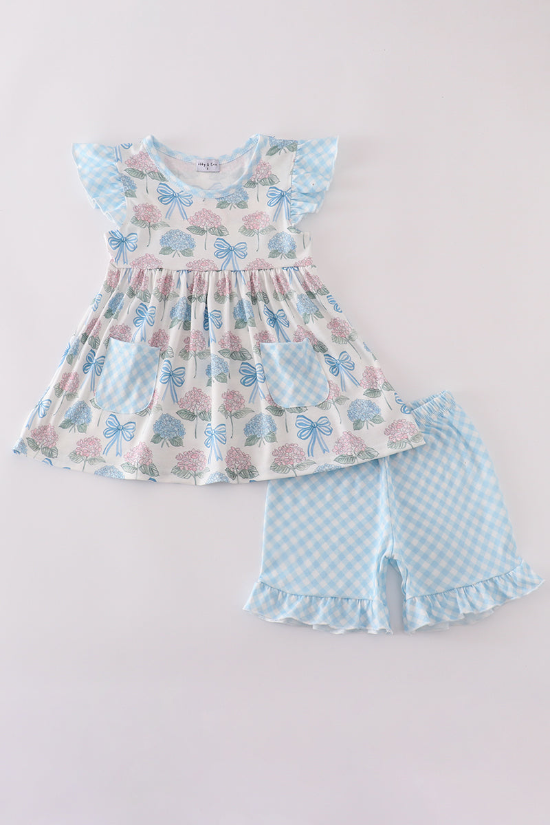 Blue hydrangea bow print ruffle shorts set