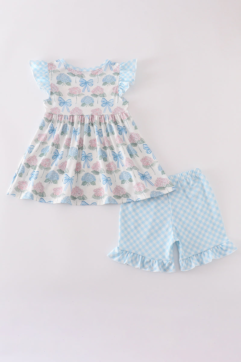 Blue hydrangea bow print ruffle shorts set