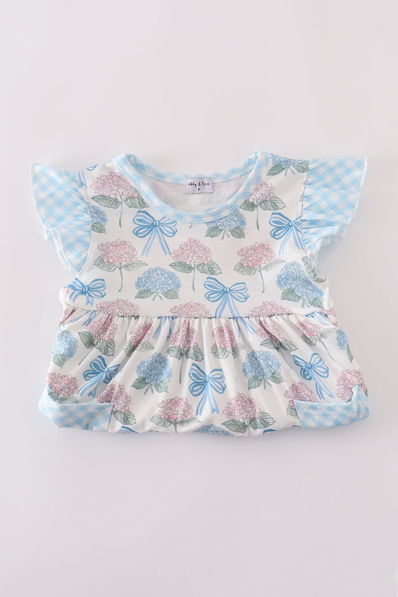 Blue hydrangea bow print ruffle shorts set
