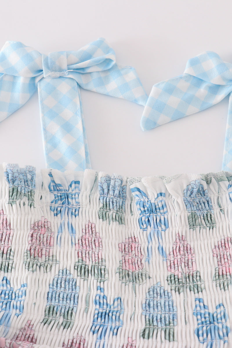 Blue hydrangea bow print ruffle shorts set