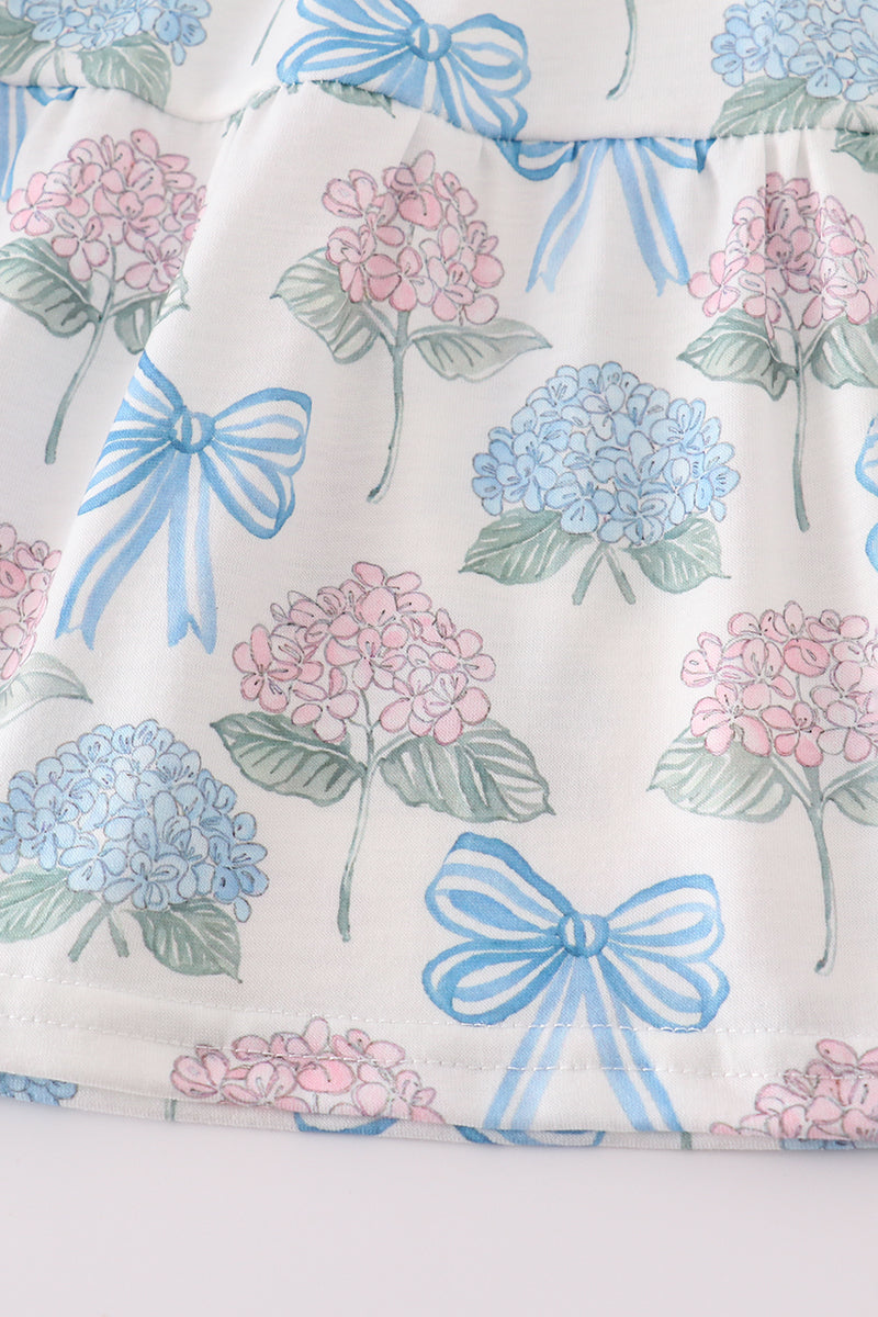 Blue hydrangea bow print ruffle shorts set