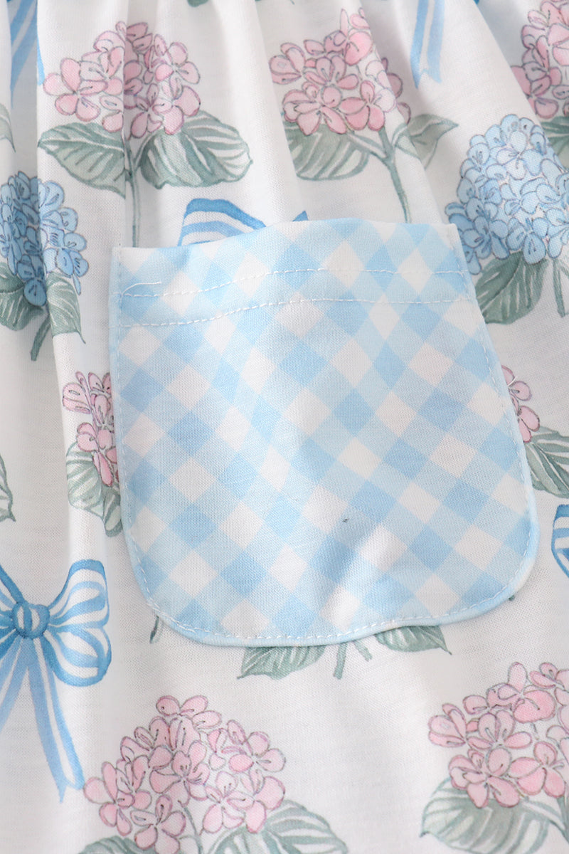 Blue hydrangea bow print ruffle shorts set