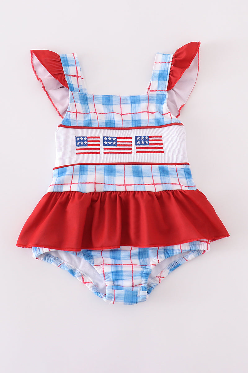 Flag embroidery smocked plaid one-piece swimsuit UPF50+