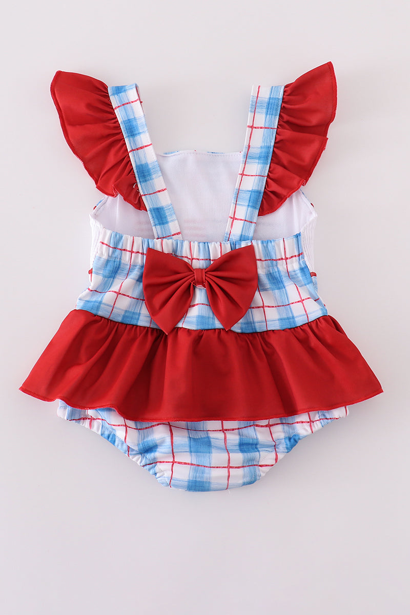 Flag embroidery smocked plaid one-piece swimsuit UPF50+