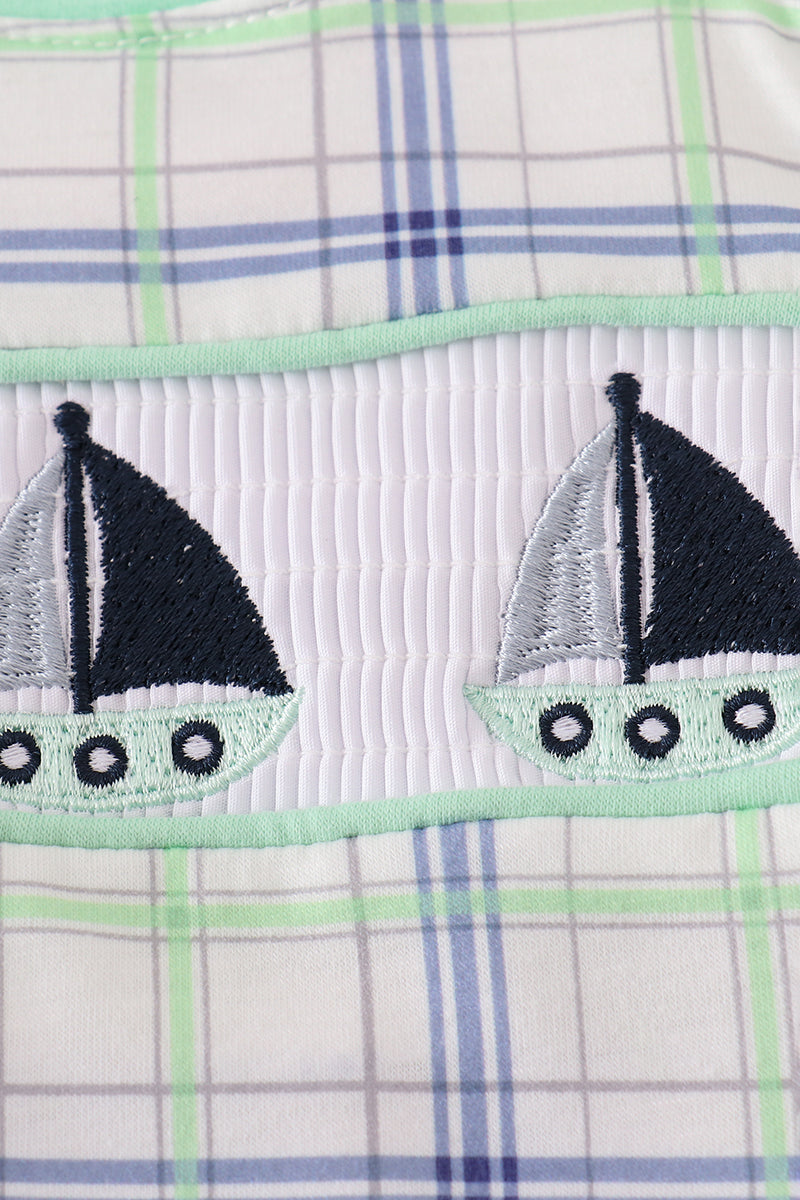 Green seersucker sailboat embroidery smocked bubble