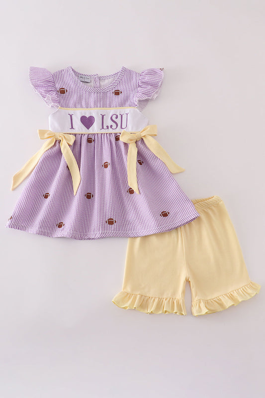 Purple stripe seersucker football I love LSU embroidery set