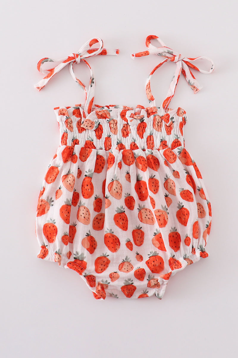 Premium Pink muslin strawberry smocked girl bubble