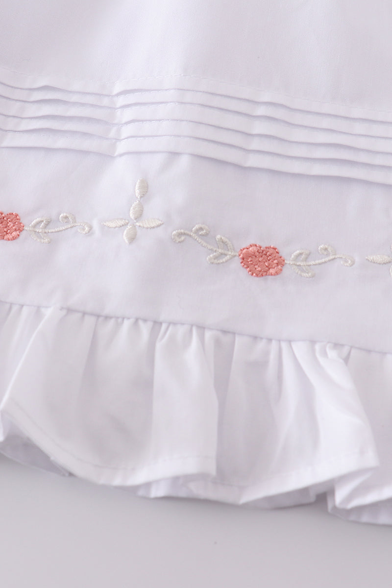 Premium white floral embroidery ruffle dress