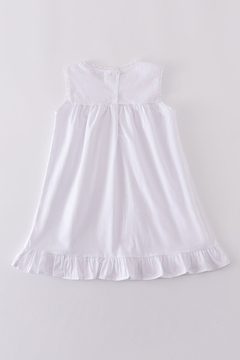 Premium white floral embroidery ruffle dress