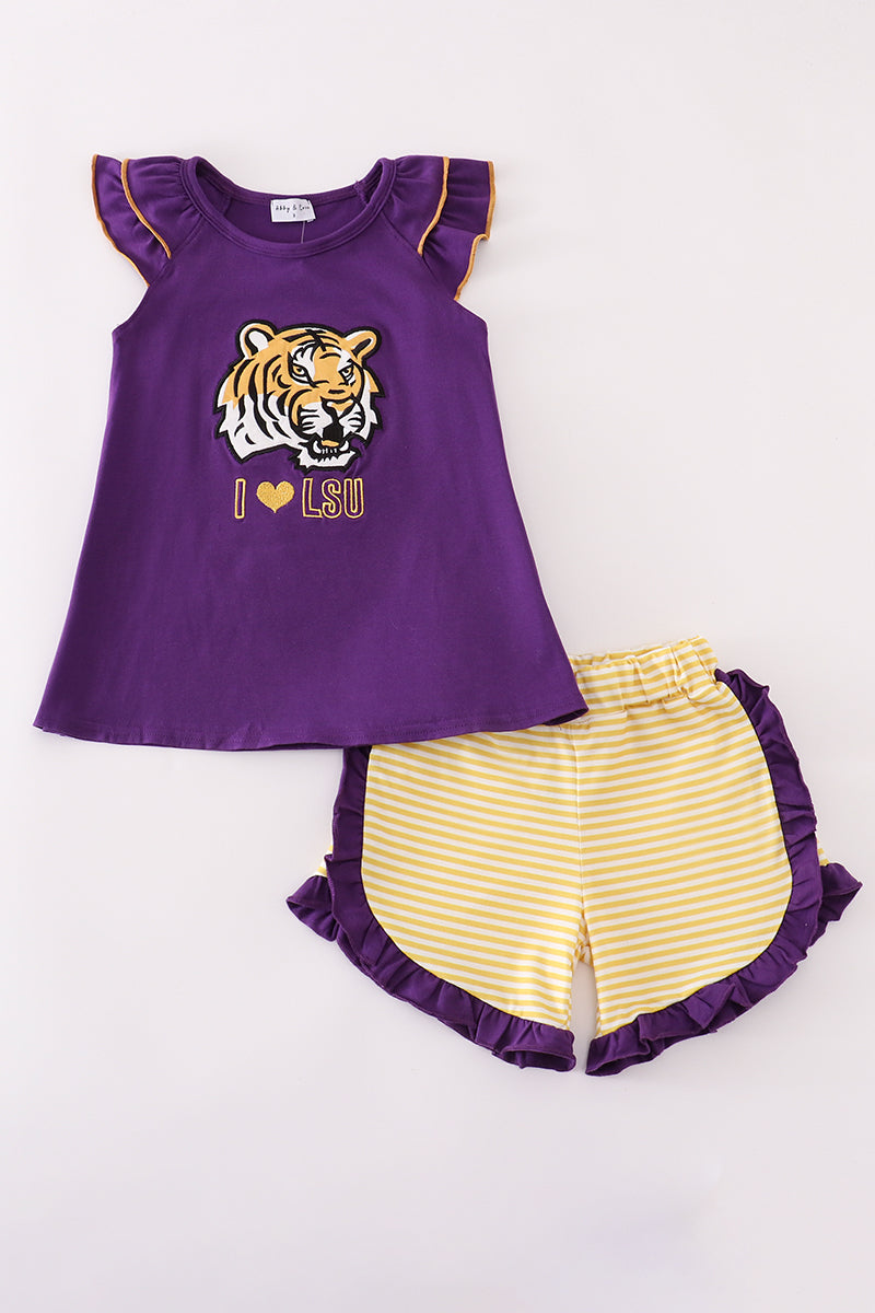 Purple gold I love LSU applique ruffle shorts set