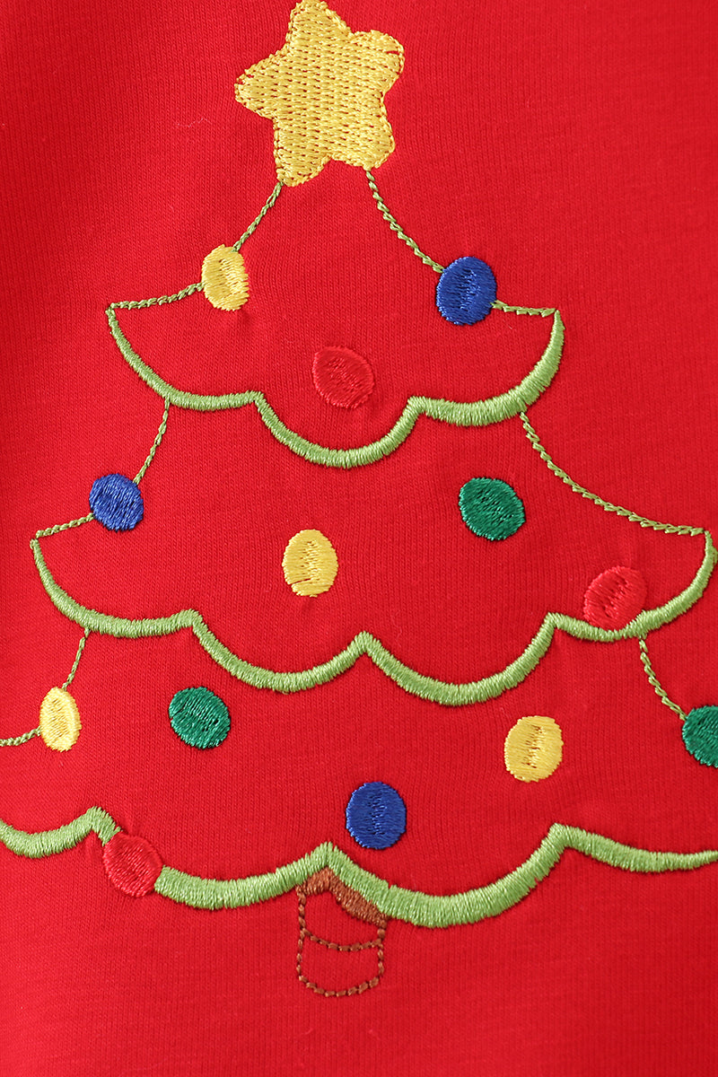 Red tree embroidery plaid ruffle bubble