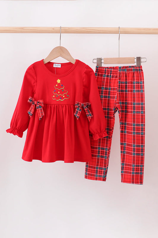 Red tree embroidery plaid bow pants set