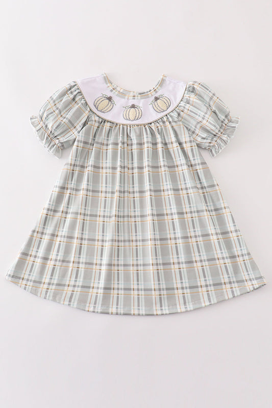 Pumpkin french knot plaid girl dress