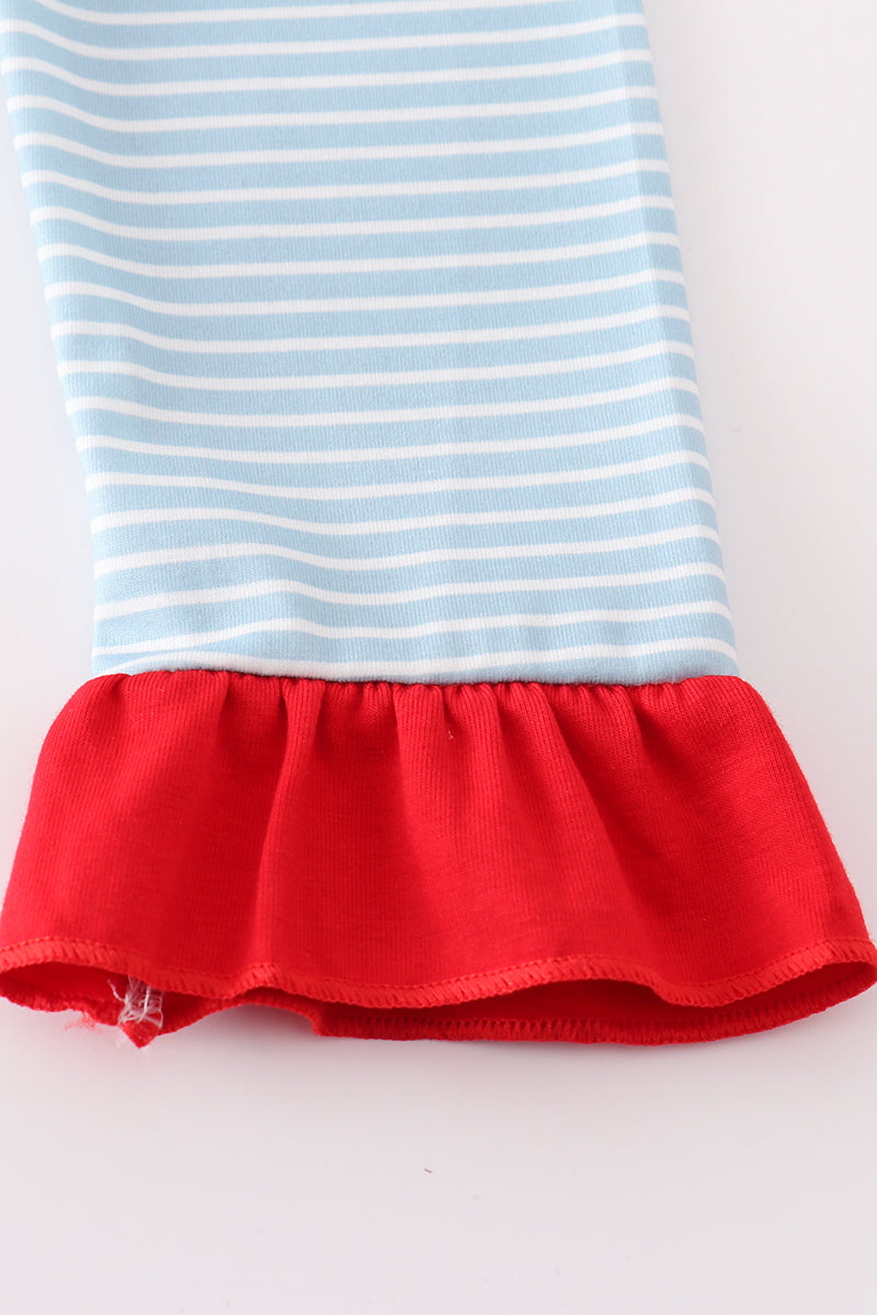 Blue stripe christmas santa embroidery girl set