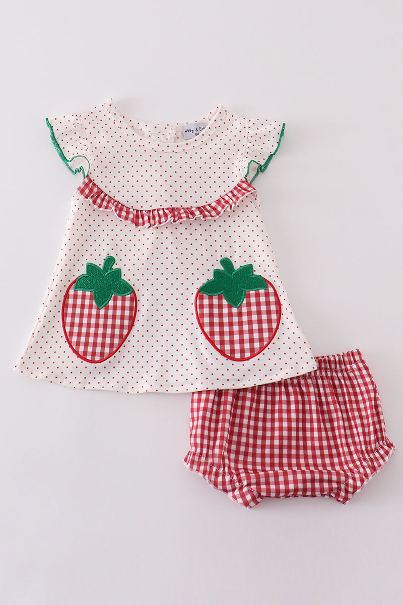 Red dot strawberry applique girl bloomer set