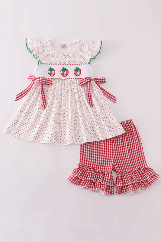 Red dot strawberry embroidery girl set