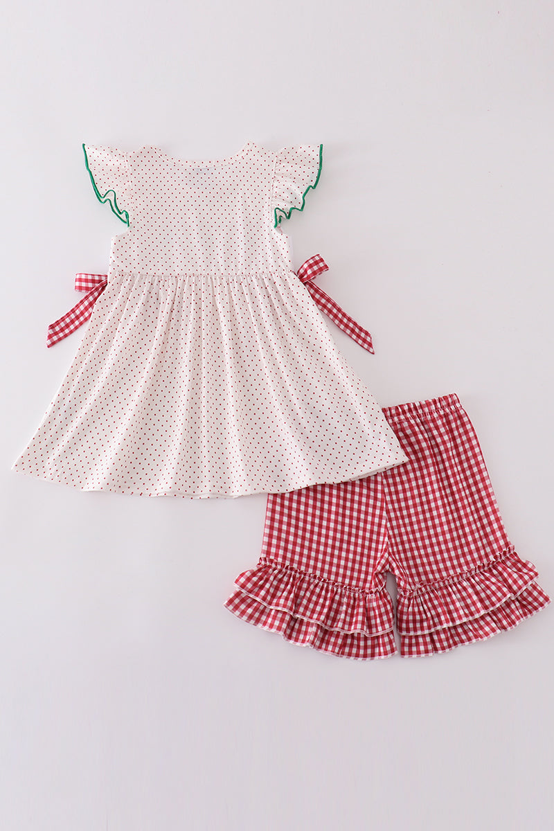 Red dot strawberry embroidery girl set