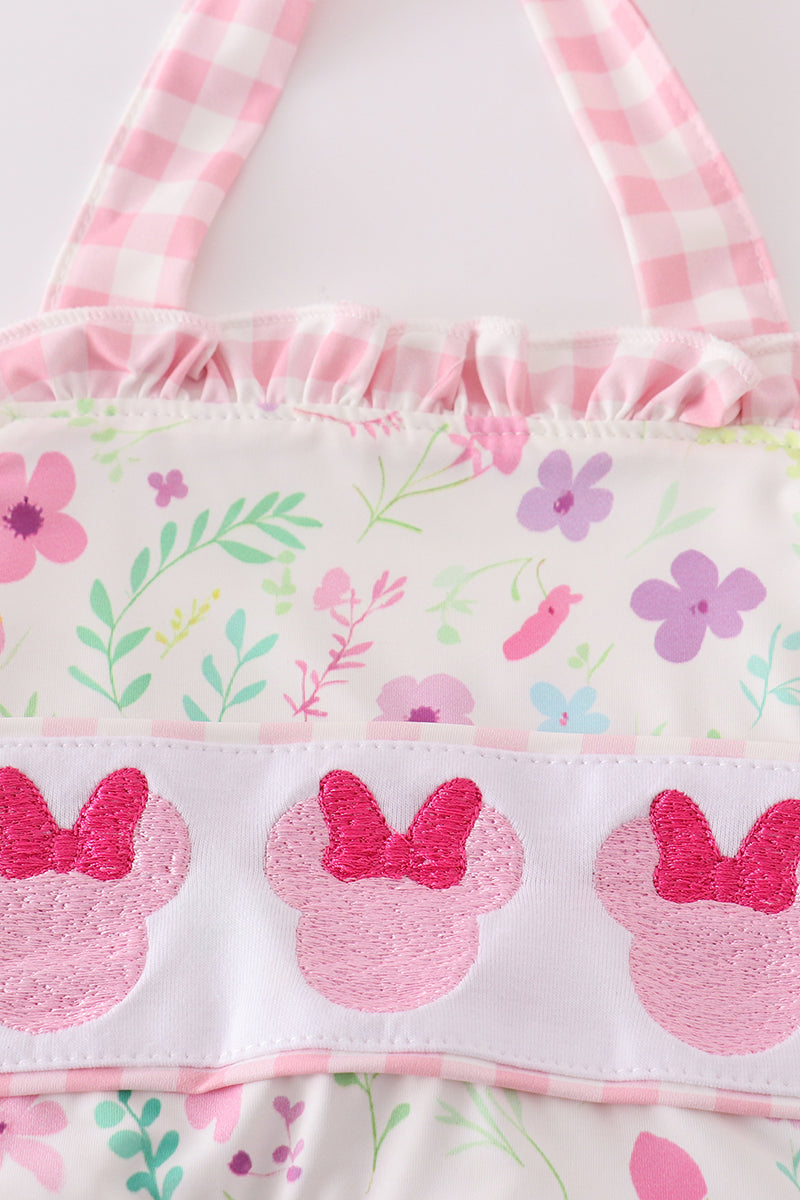 Pink Floral Mouse Embroidery Swim Suit