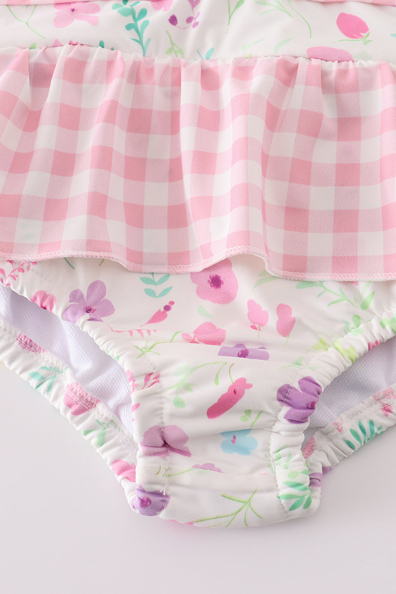 Pink Floral Mouse Embroidery Swim Suit