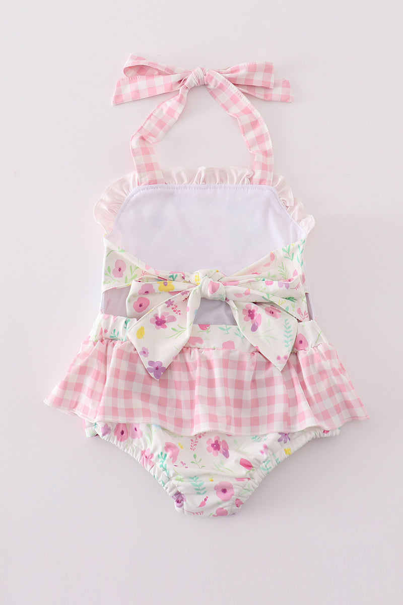 Pink Floral Mouse Embroidery Swim Suit