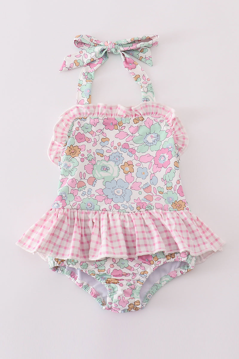 Min pink floral print one-piece swimsuit