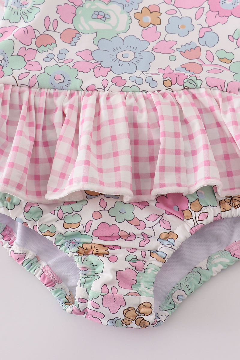 Min pink floral print one-piece swimsuit