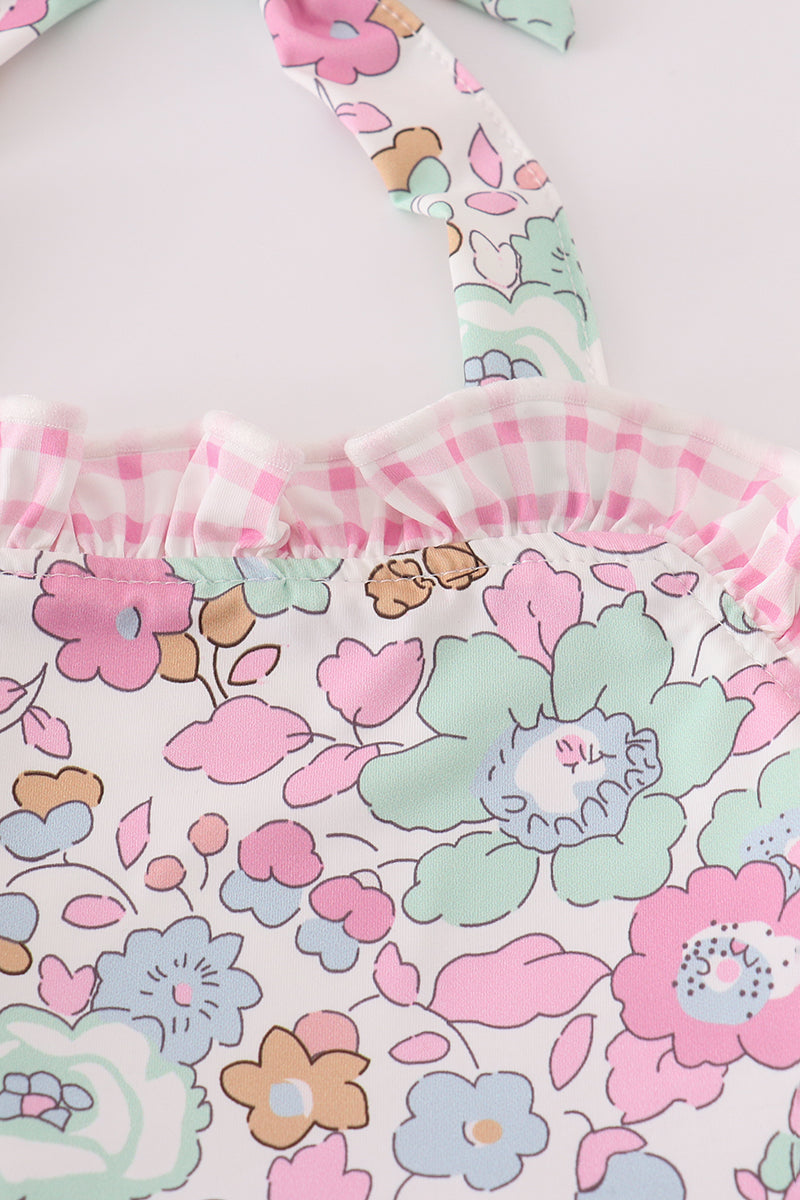 Min pink floral print one-piece swimsuit