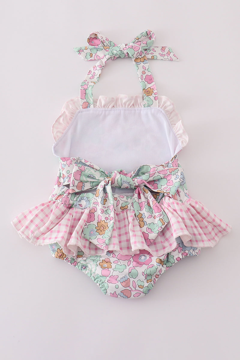 Min pink floral print one-piece swimsuit