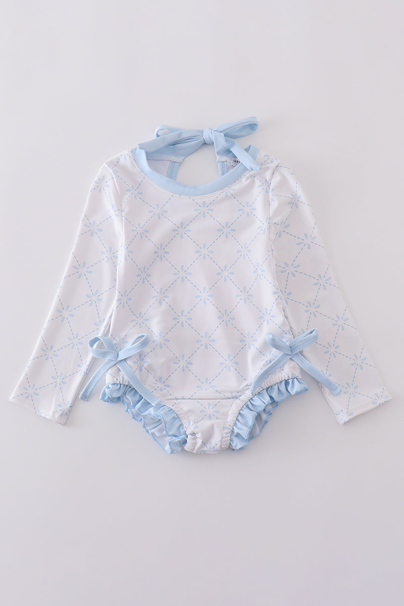 Blue classic lattice rash guard swimsuit