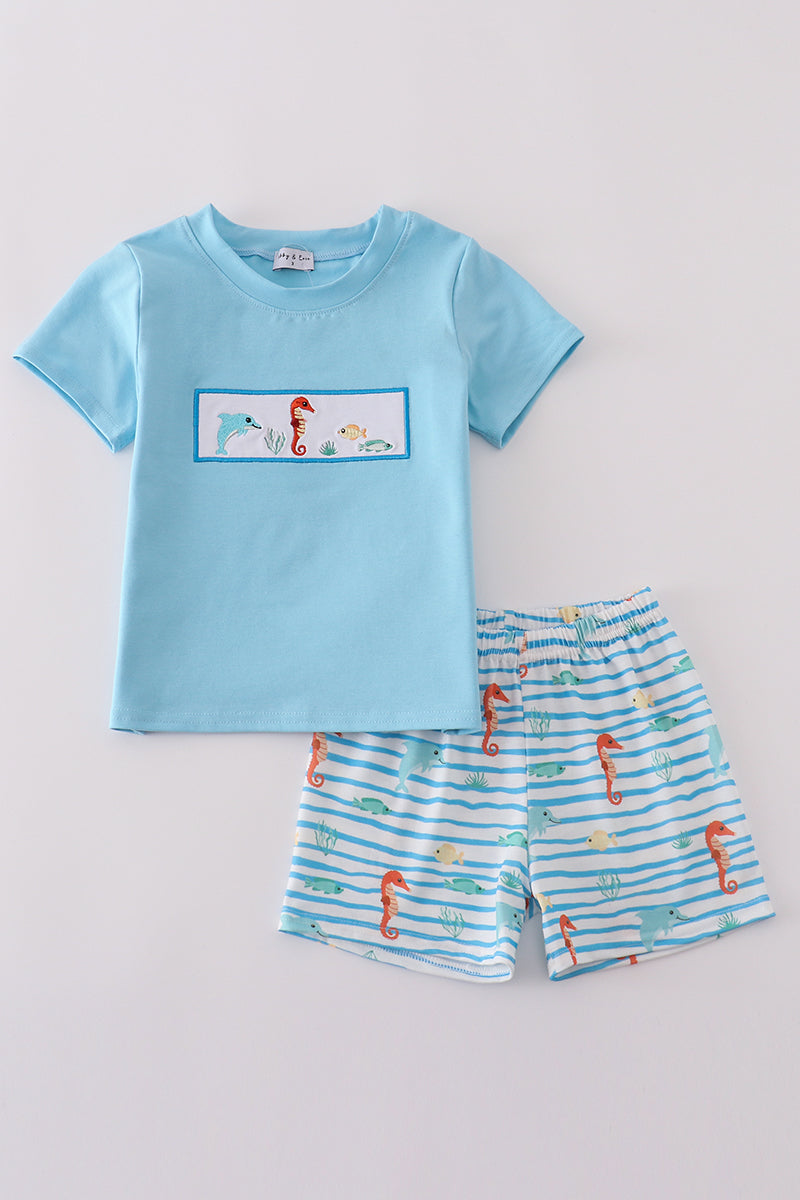 Blue marine creature embroidery set