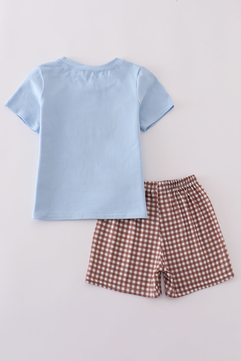 Blue highland cow applique shorts set