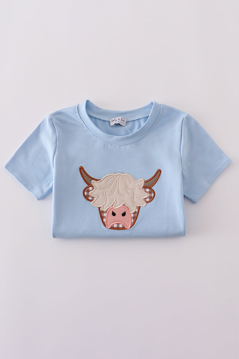 Blue highland cow applique shorts set