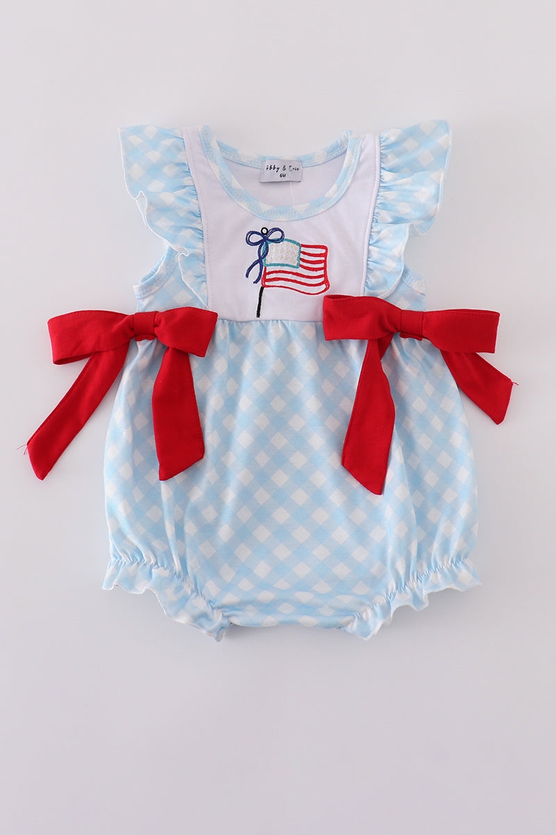 Blue flag embroidery bow gingham ruffle bubble