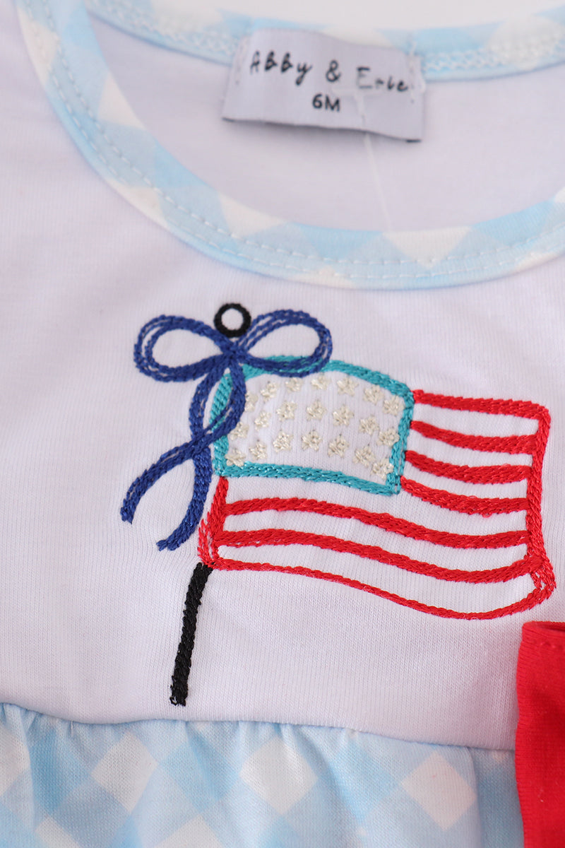 Blue flag embroidery bow gingham ruffle bubble