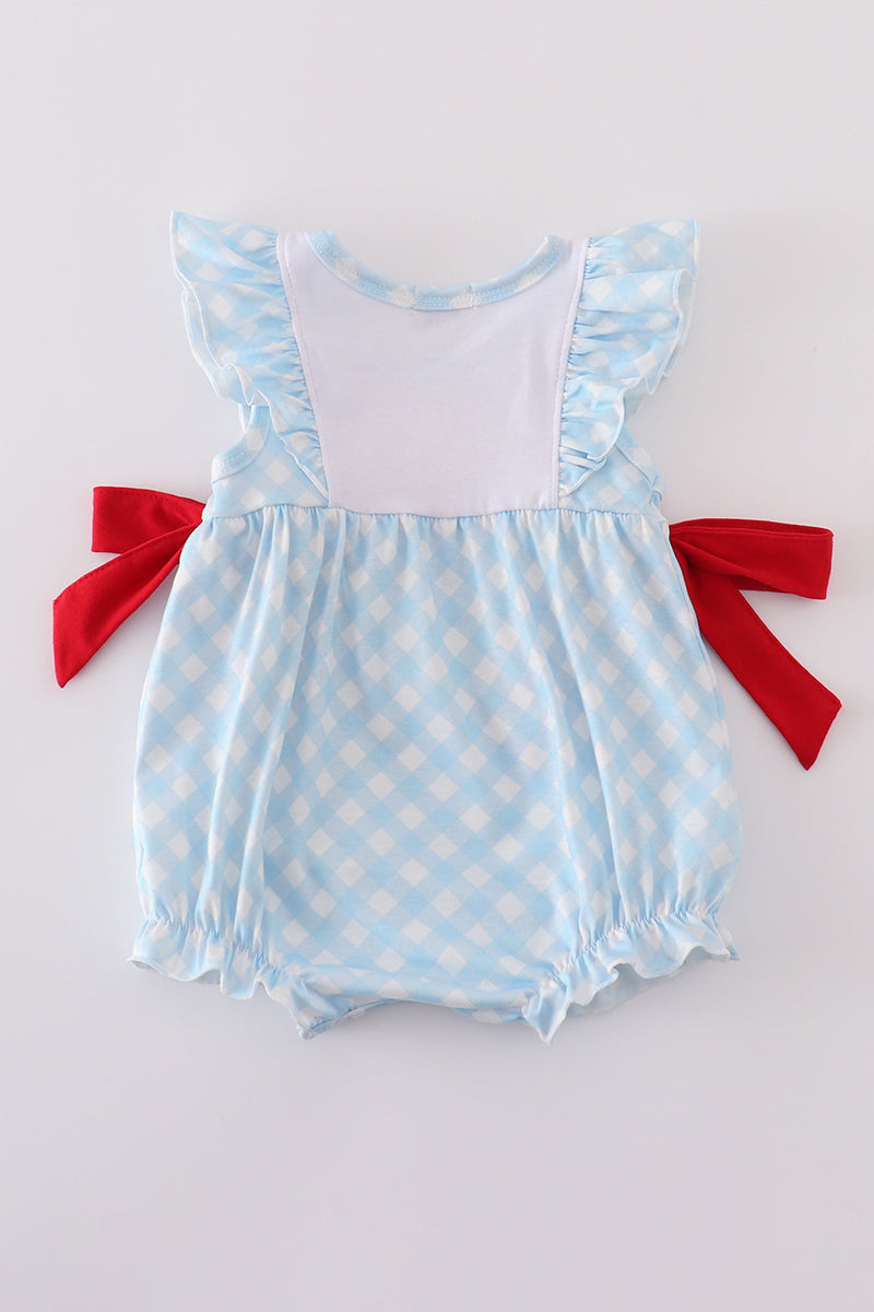 Blue flag embroidery bow gingham ruffle bubble