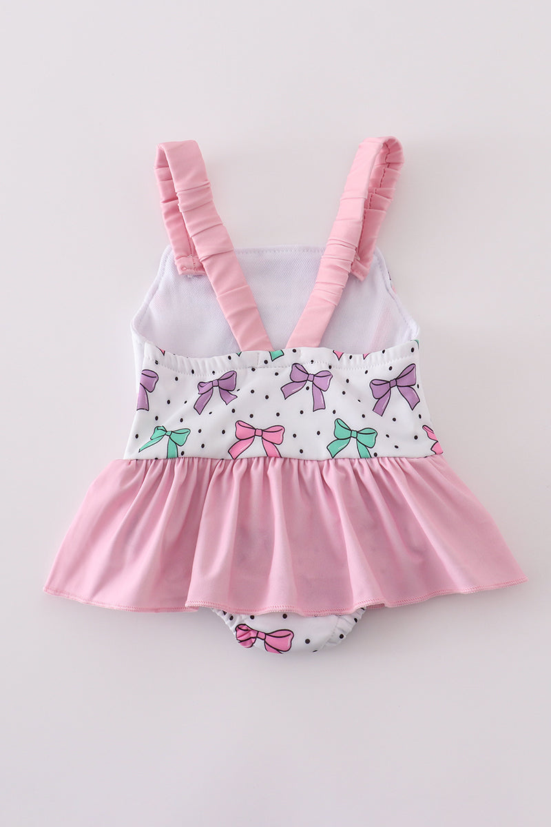 Pink bow embroidery one-piece swimsuit (UPF50+)