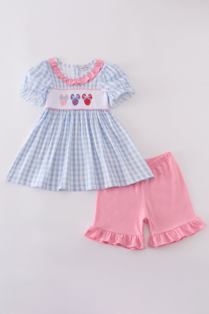 Blue character embroidery gingham ruffle shorts set
