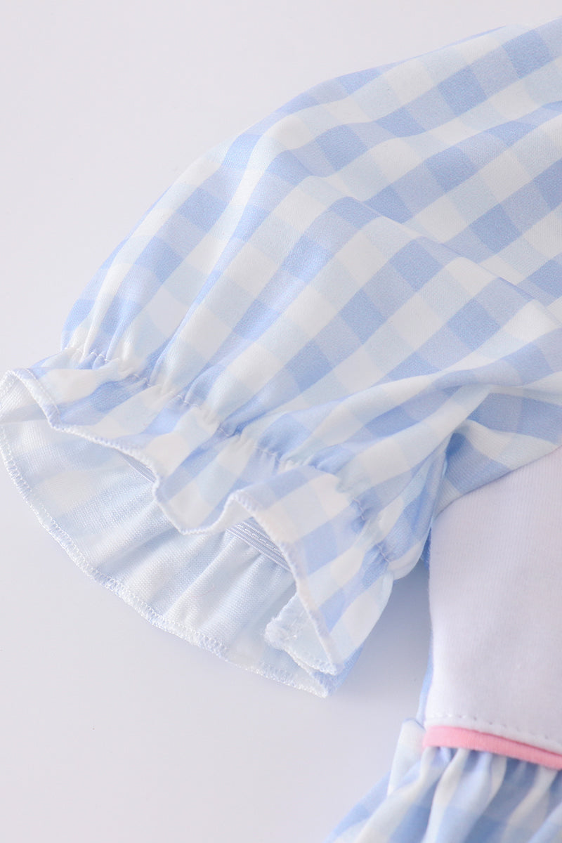 Blue character embroidery gingham ruffle shorts set