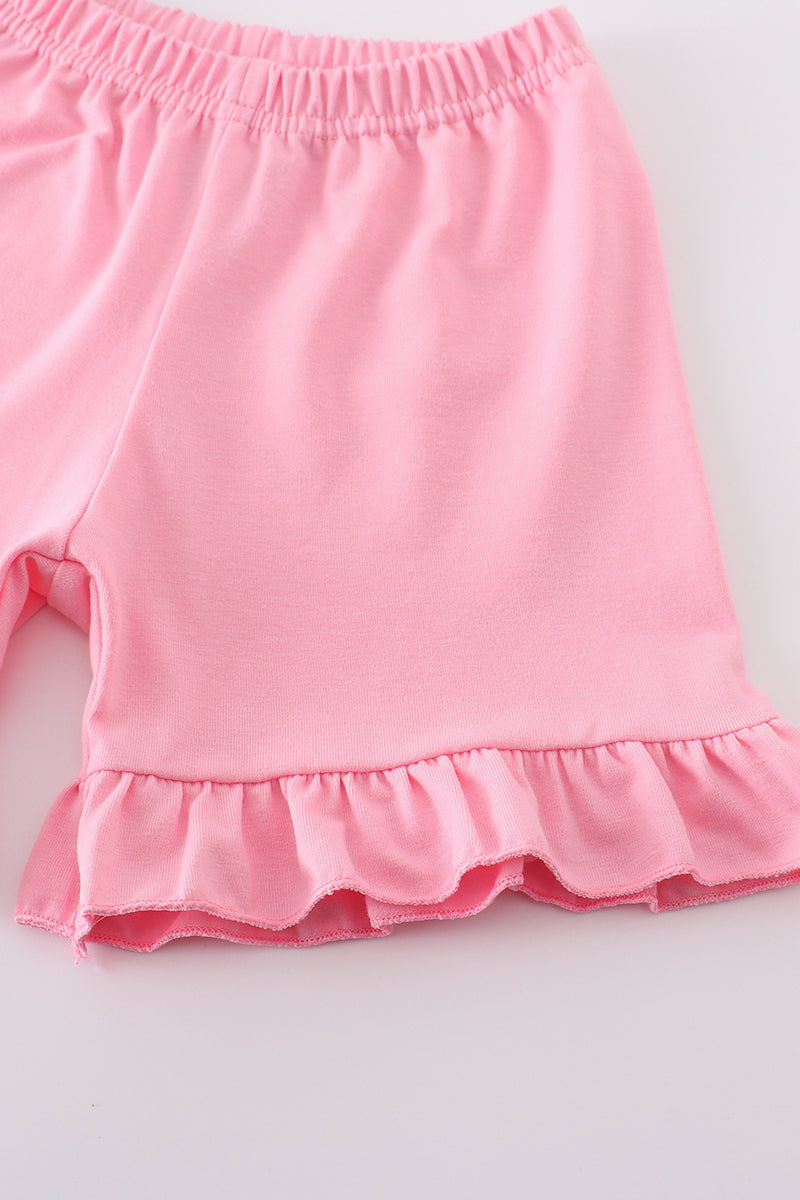 Blue character embroidery gingham ruffle shorts set