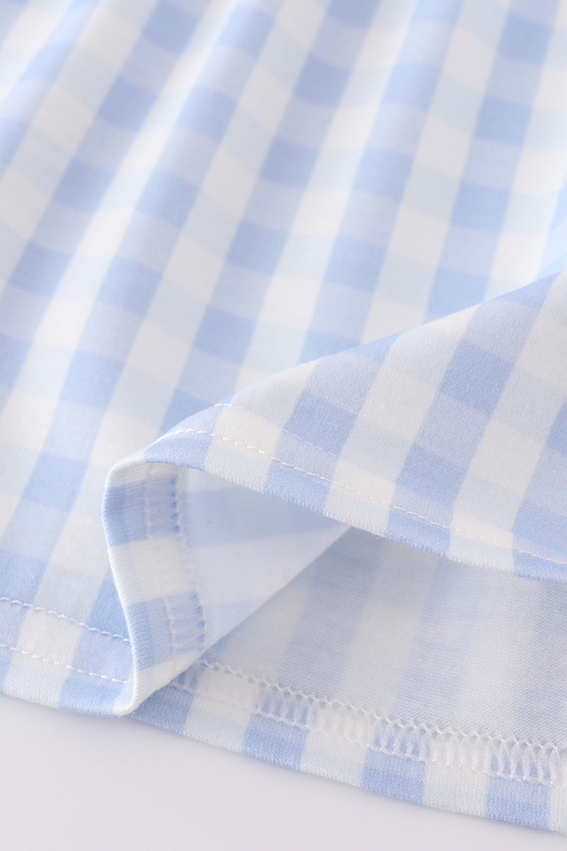Blue character embroidery gingham ruffle shorts set