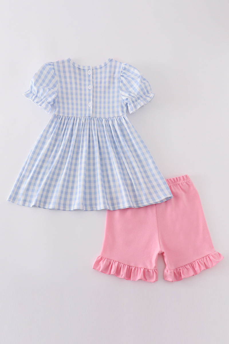 Blue character embroidery gingham ruffle shorts set