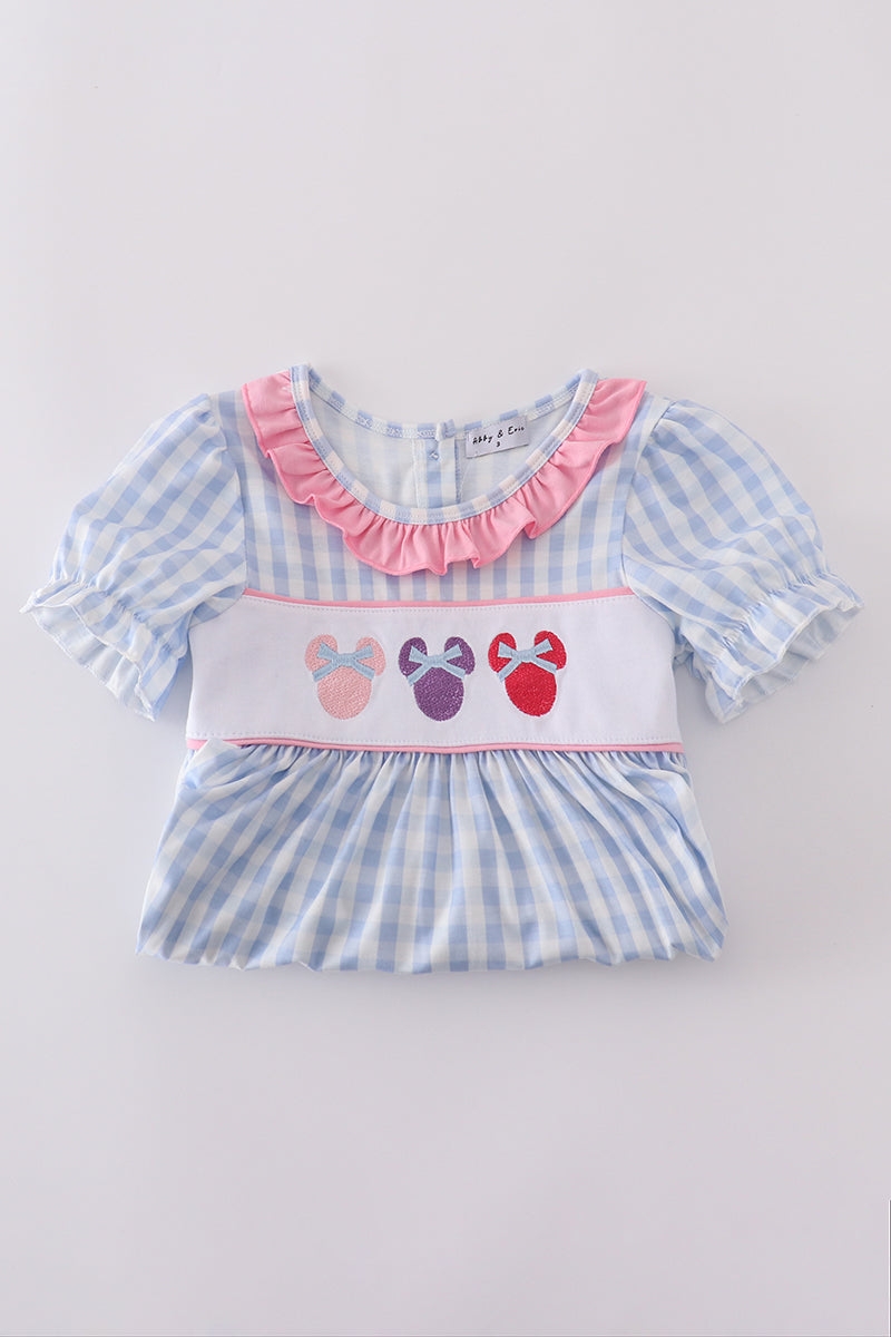 Blue character embroidery gingham ruffle shorts set